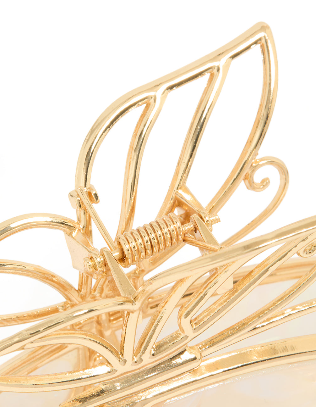 Crafted from gold iridescent acrylic butterfly claw clip detail view