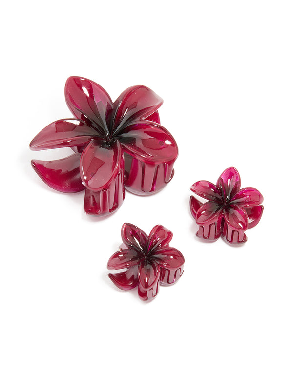 Burgundy Ombre Tropical Frangipani Flower Claw Clips 3-Pack