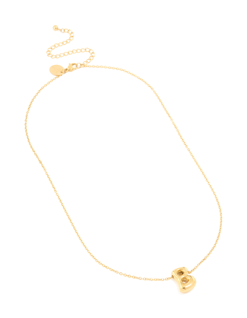 Beautifully designed waterproof gold plated stainless steel large bubble letter B initial pendant necklace close up view