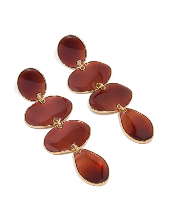 Gold Brown Organic Shape Drop Earrings