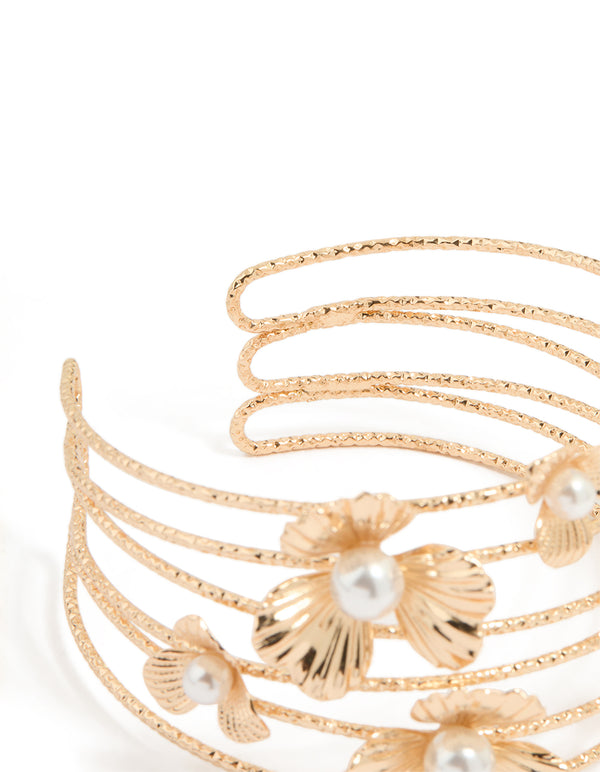 Gold Pearl Flower Wrist Cuff
