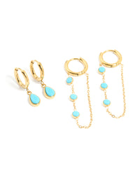 Waterproof Gold Plated Stainless Steel Turquoise Huggie Earrings 2-Pack - link has visual effect only