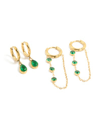 Waterproof Gold Plated Stainless Steel Green Cubic Zirconia Huggie Earrings 2-Pack - link has visual effect only