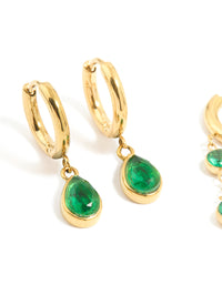 Waterproof Gold Plated Stainless Steel Green Cubic Zirconia Huggie Earrings 2-Pack - link has visual effect only