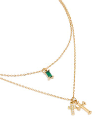 Waterproof Gold Plated Stainless Steel Green Cubic Zirconia & Cross Layered Necklace - link has visual effect only