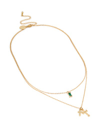 Waterproof Gold Plated Stainless Steel Green Cubic Zirconia & Cross Layered Necklace - link has visual effect only