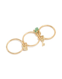 Gold Plated Green Semi Precious & Key Charm Rings 3-Pack - link has visual effect only