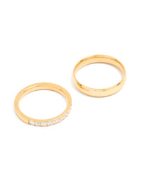 Waterproof Gold Plated Stainless Steel Diamante & Smooth Rings 2- Pack - link has visual effect only