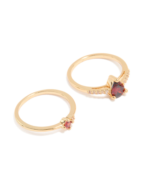 Gold Plated Red Cubic Zirconia Elegant Pear Stacking Rings 3-Pack