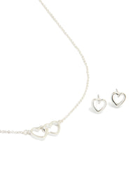 Silver Plated Double Heart Necklace & Earrings Set - link has visual effect only