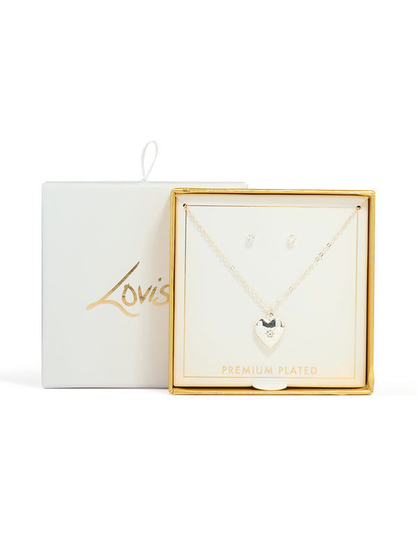 Silver Plated Cubic Zirconia Centre Heart Pendant Necklace & Earrings Set