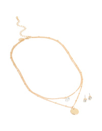 Gold Diamante Disc Layered Necklace & Earrings Set - link has visual effect only