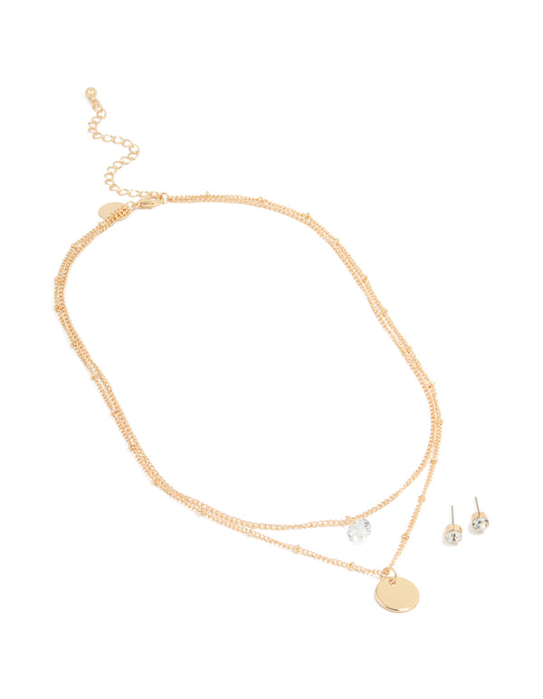 Gold Diamante Disc Layered Necklace & Earrings Set