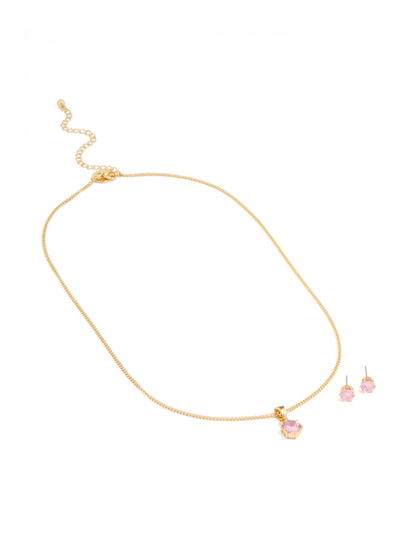 Gold Plated Pink Cubic Zirconia Pendant Necklace & Earrings Set