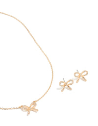 Gold Diamante Bow Pendant Necklace & Earrings Set - link has visual effect only