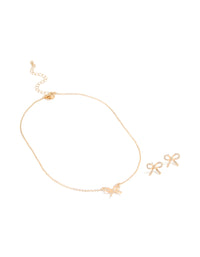 Gold Diamante Bow Pendant Necklace & Earrings Set - link has visual effect only