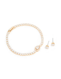 Gold Cubic Zirconia Pear Detail Centre Tennis Bracelet & Earrings Set - link has visual effect only