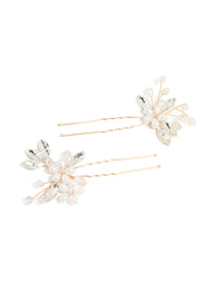Gold Pearl Diamante Floral Hair Pins 2-Pack - link has visual effect only