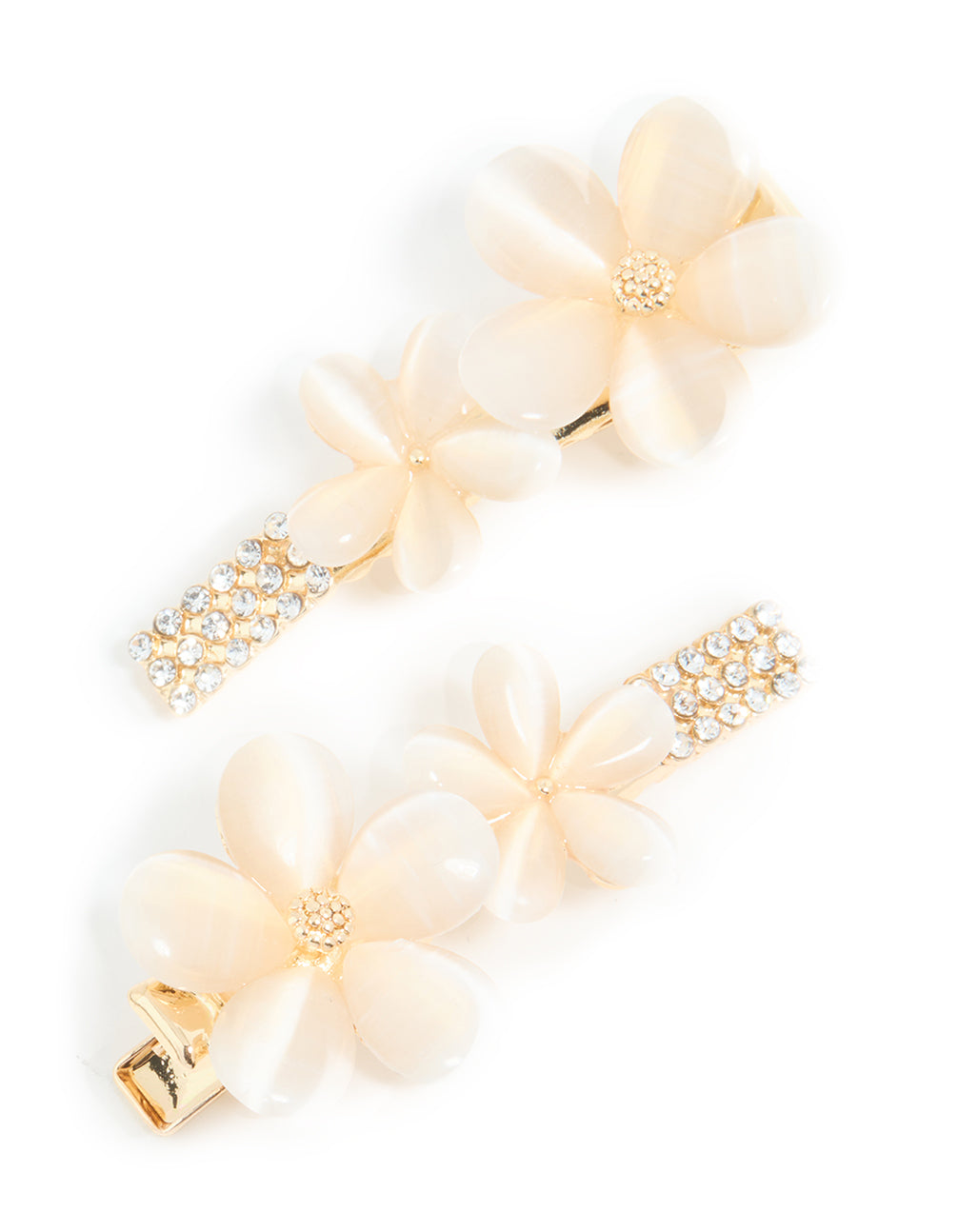 Gold Diamante Pave Double Flower Hair Clips 2-Pack