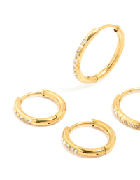 Waterproof Gold Plated Stainless Steel Cubic Zirconia Clicker Hoops 3-Pack - link has visual effect only