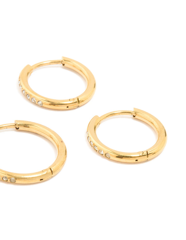 Waterproof Gold Plated Stainless Steel Cubic Zirconia Clicker Hoops 3-Pack