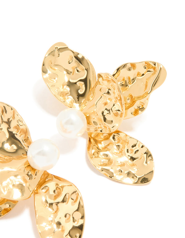 Waterproof Gold Plated Stainless Steel Large Flower Pearl Stud Earrings