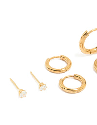 Waterproof Gold Plated Stainless Steel Cubic Zirconia Stud Earrings 4-Pack - link has visual effect only