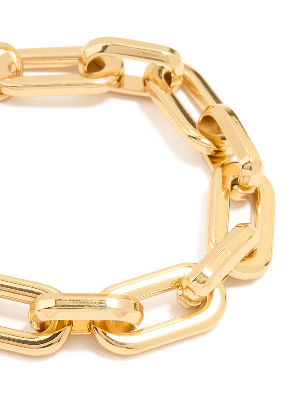 Featuring a waterproof stainless steel paperclip large chain bracelet in gold plated finish with chunky design close up view