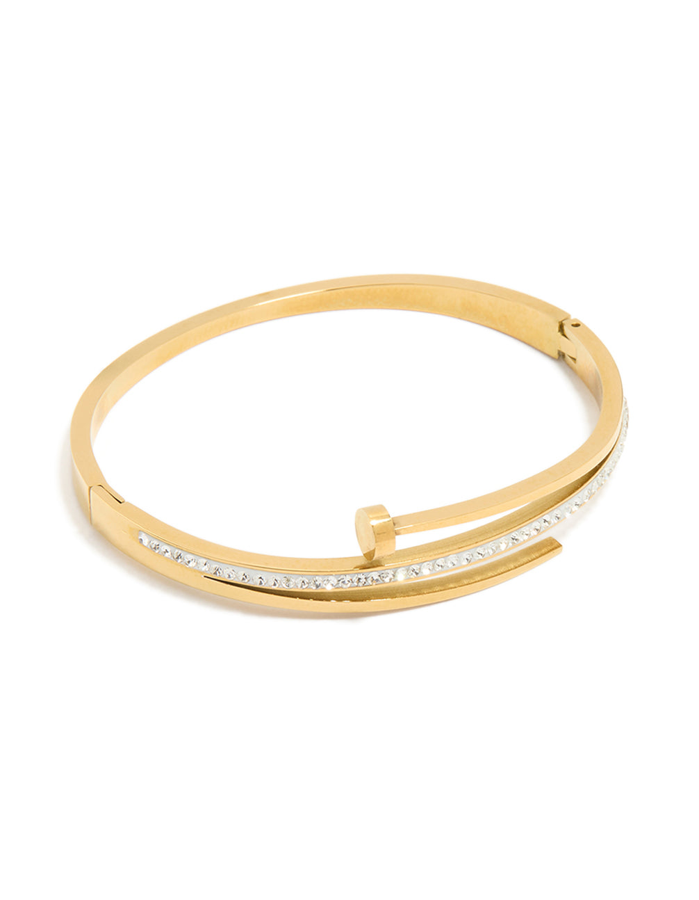 Showcasing a waterproof gold plated stainless steel cubic zirconia nail hinge bangle in dainty style front view