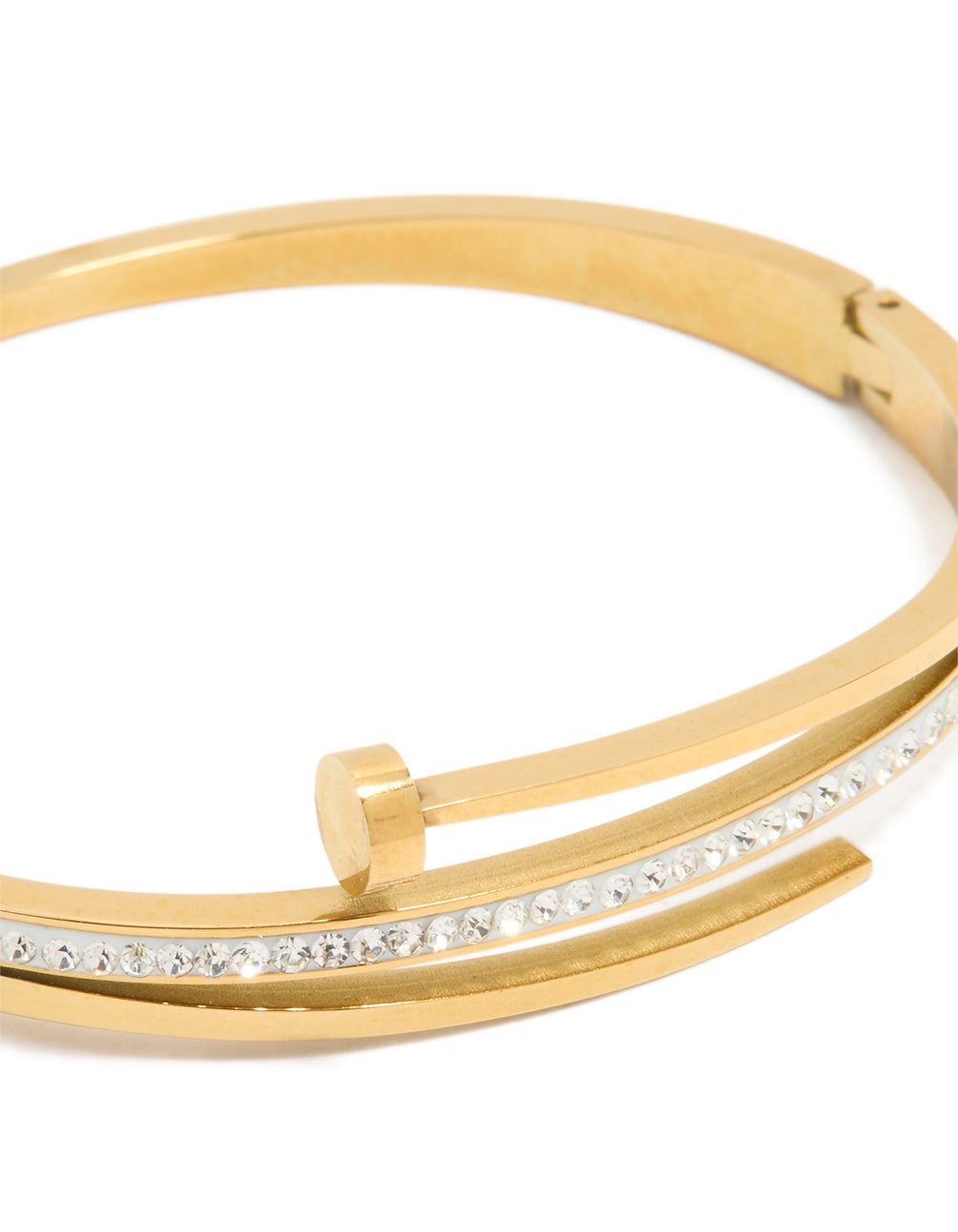 Highlighting a waterproof gold plated stainless steel cubic zirconia nail hinge bangle in dainty style close up view
