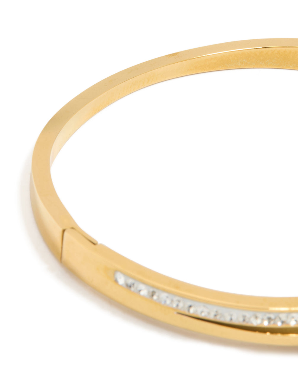 Featuring a waterproof gold plated stainless steel cubic zirconia nail hinge bangle in dainty style closure detail view