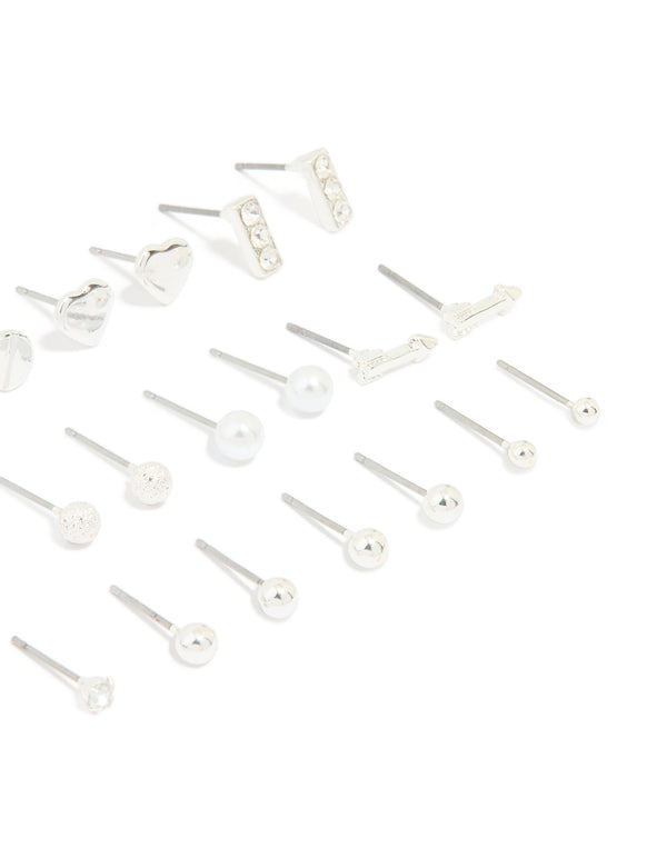 Silver Mixed Shape Stud Earrings 12-Pack