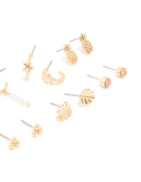 Gold Tropical Pineapple & Leaf Earrings 8-Pack - link has visual effect only