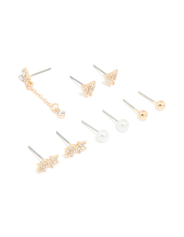 Gold Diamante Star & Ball Stud Earrings 8-Pack