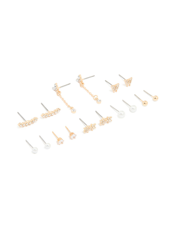 Gold Diamante Star & Ball Stud Earrings 8-Pack