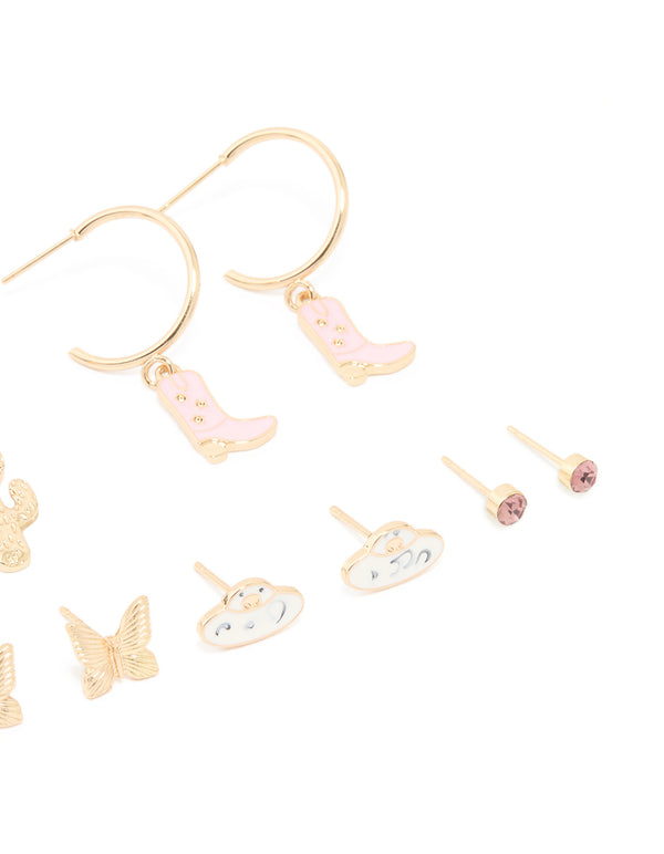 Gold Cowgirl & UFO Earrings 8-Pack