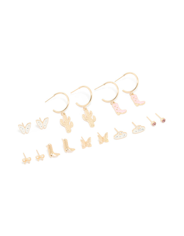 Gold Cowgirl & UFO Earrings 8-Pack