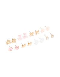 Gold Rose & Pink Teddy Mixed Stud Earrings 8-Pack - link has visual effect only
