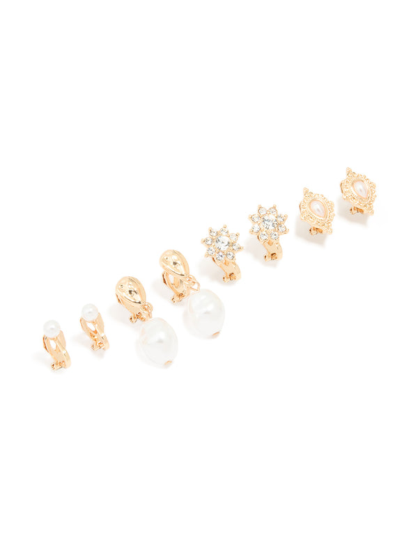 Gold Diamante & Pearl Clip-On Earrings 4-Pack