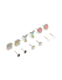 Kids Black Diamante & Mermaid Stud Earrings 6-Pack - link has visual effect only
