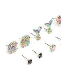 Kids Black Diamante & Mermaid Stud Earrings 6-Pack - link has visual effect only