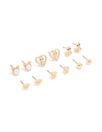 Kids Gold Cat Paw & Cat Design Stud Earrings 6-Pack - link has visual effect only