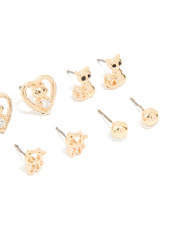 Kids Gold Cat Paw & Cat Design Stud Earrings 6-Pack - link has visual effect only