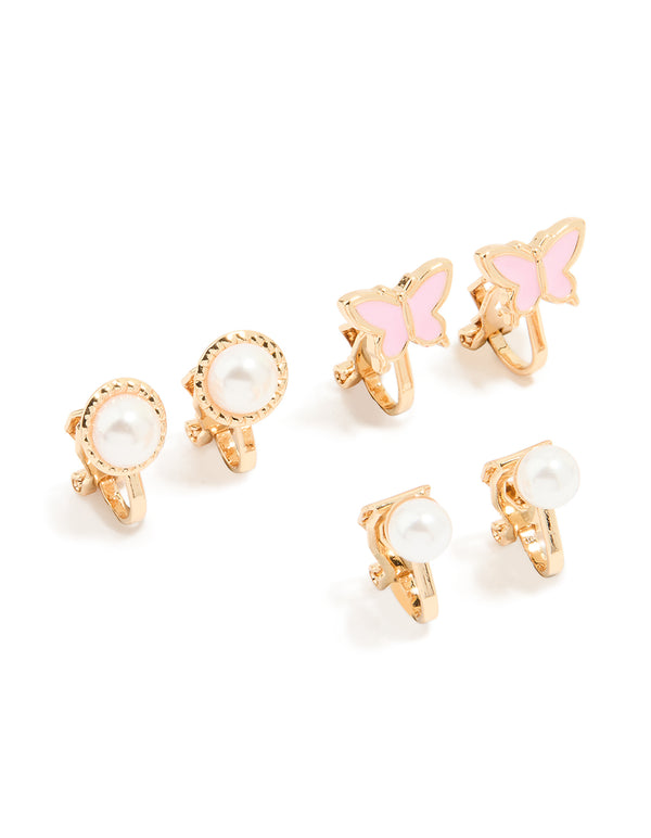 Kids Gold Pearl & Butterfly Clip On Earrings 5-Pack