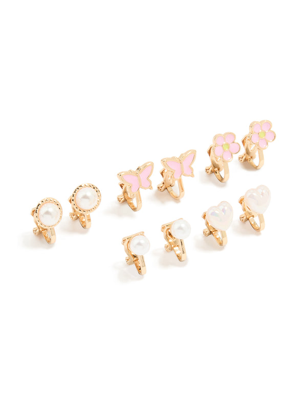 Kids Gold Pearl & Butterfly Clip On Earrings 5-Pack