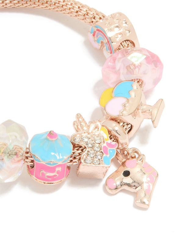 Kids Rose Gold Diamante Unicorn & Pink Bead Charm Bracelet