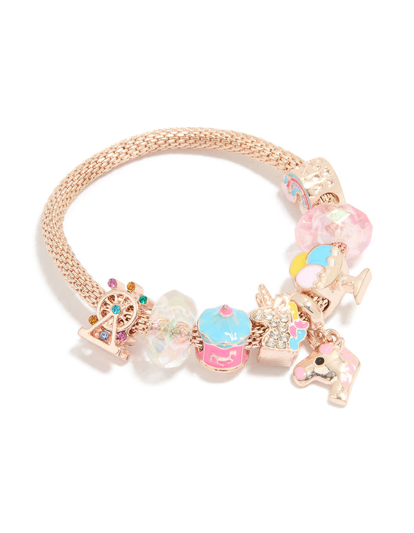 Kids Rose Gold Diamante Unicorn & Pink Bead Charm Bracelet