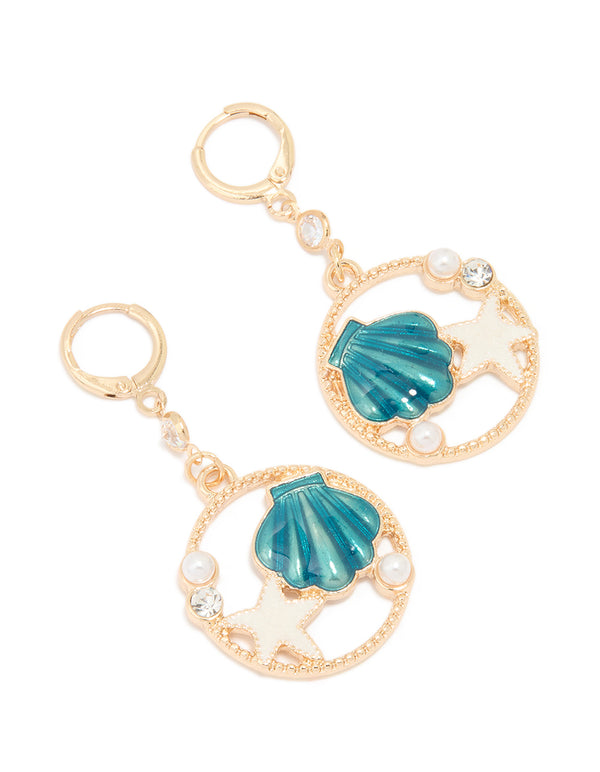 Gold Round Star & Shell Earrings