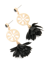Gold Diamante Black Textured Fabric Drop Earrings - link has visual effect only