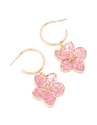 Gold Pink Glitter Flower Drop Hoop Earrings - link has visual effect only